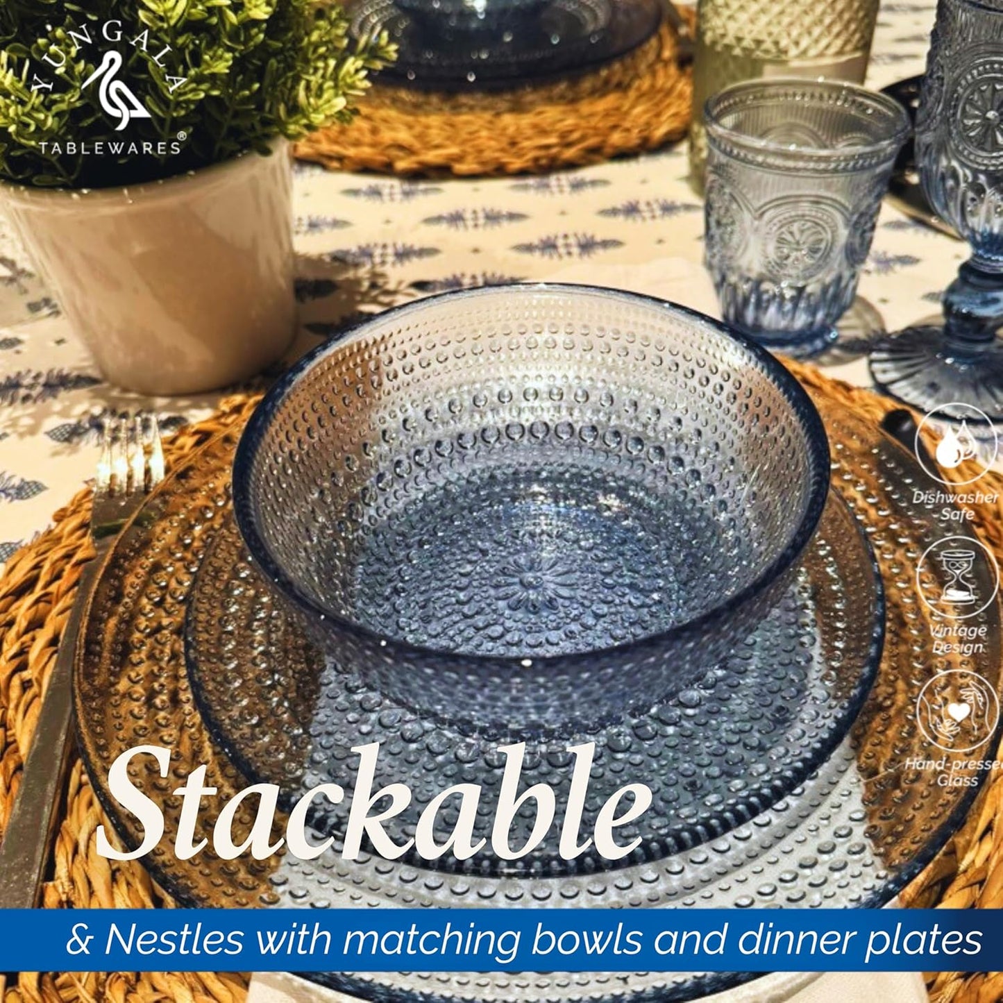 Yungala Blue Glass Plates set of 4 hobnail design textured plates with dot pattern blue glassware, pair with matching wine glasses and drinking glasses.