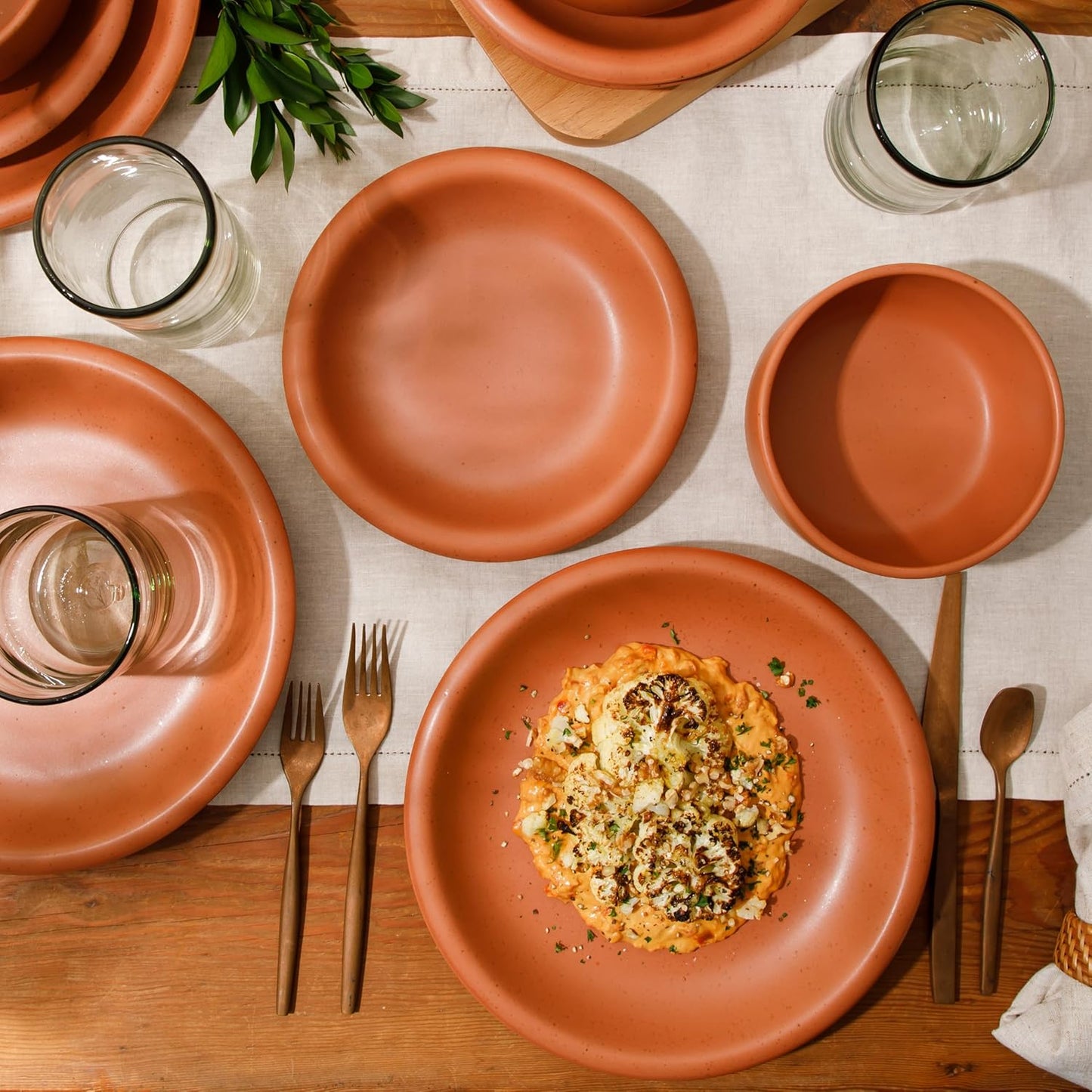 Bloomhouse Corsica Clay 12 Piece Stoneware Rustic Reactive Glaze Dinnerware Set - Stackable Plates and Bowls Set. Service for 4 - Matte Burnt Apricot Terracotta