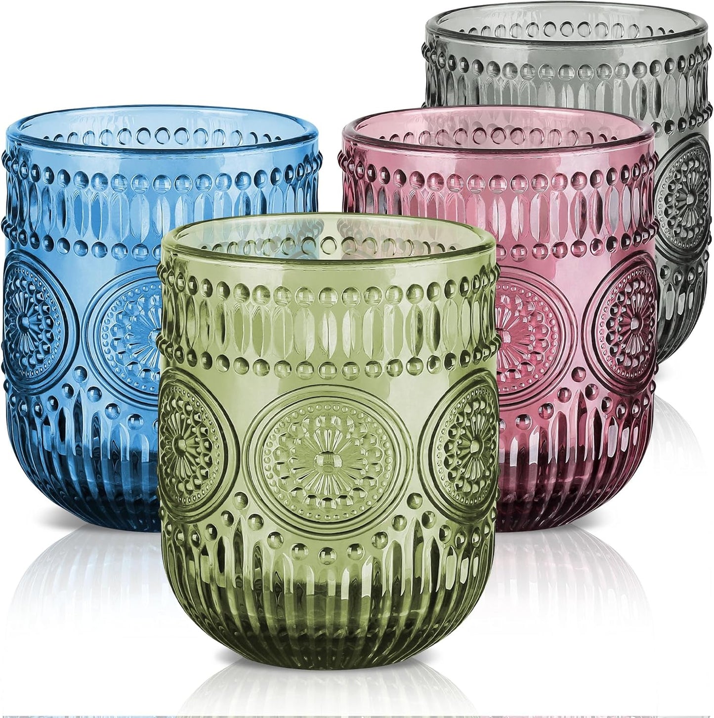 Joeyan Vintage Drinking Glasses Set of 4,9 oz Embossed Sunflower Small Water Glass Tumbler Cups,Colored Romantic Beaded Glassware for Beverages Cocktail Juice Wine,Multicolor,Dishwasher Safe