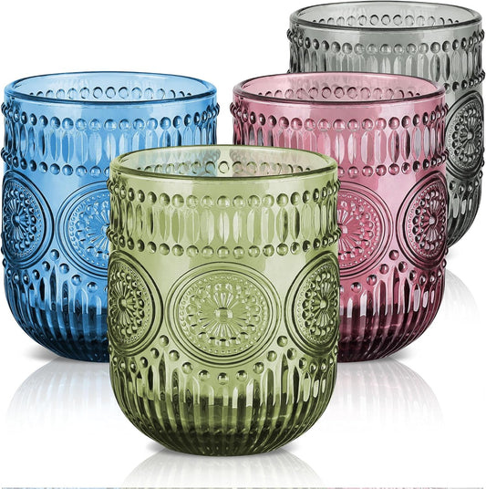 Joeyan Vintage Drinking Glasses Set of 4,9 oz Embossed Sunflower Small Water Glass Tumbler Cups,Colored Romantic Beaded Glassware for Beverages Cocktail Juice Wine,Multicolor,Dishwasher Safe
