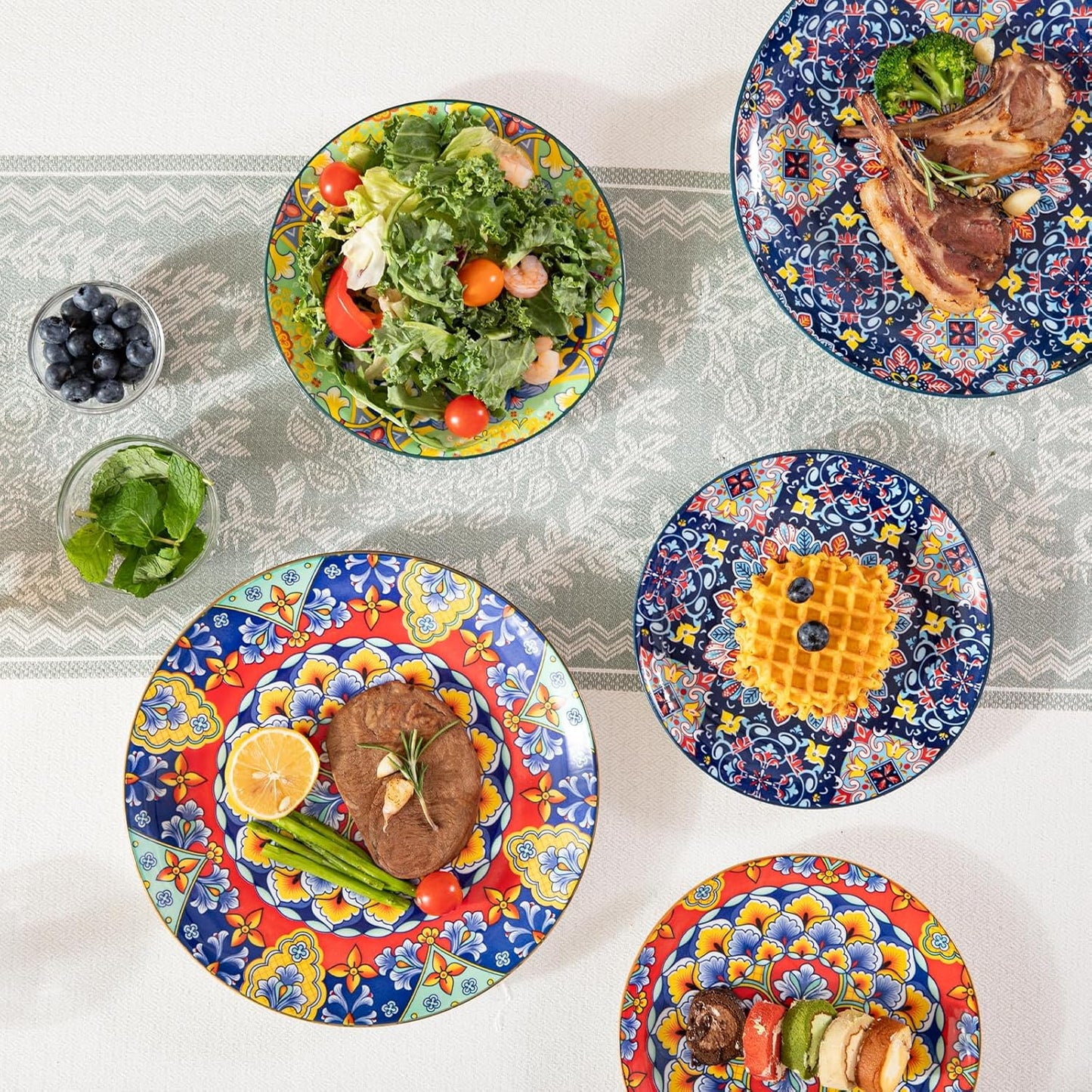 Sweejar Dinner Plates 10.5 Inch,Ceramic Large Plates Set of 6,Bohemian Style Colorful Plate Dishwasher and Microwave Safe Round Porcelain Dessert Plates for Kitchen