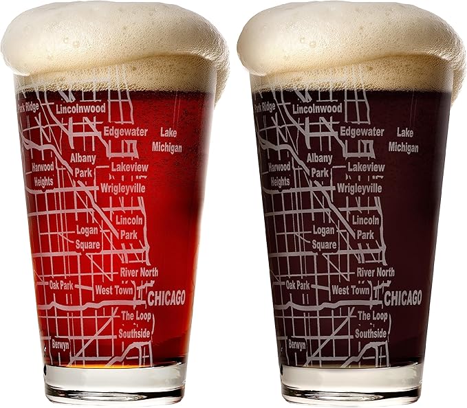 Greenline Goods Beer Glasses - 16 oz Drinkware Set for Chicago lovers - Set of 2 - Etched with Chicago, IL Map | Premium Decorative Glassware