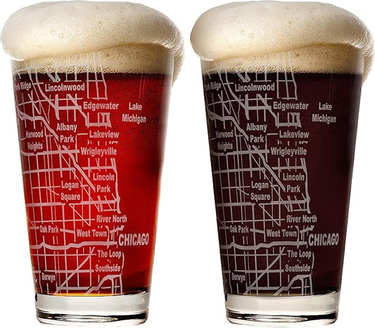 Greenline Goods Beer Glasses - 16 oz Drinkware Set for Chicago lovers - Set of 2 - Etched with Chicago, IL Map | Premium Decorative Glassware