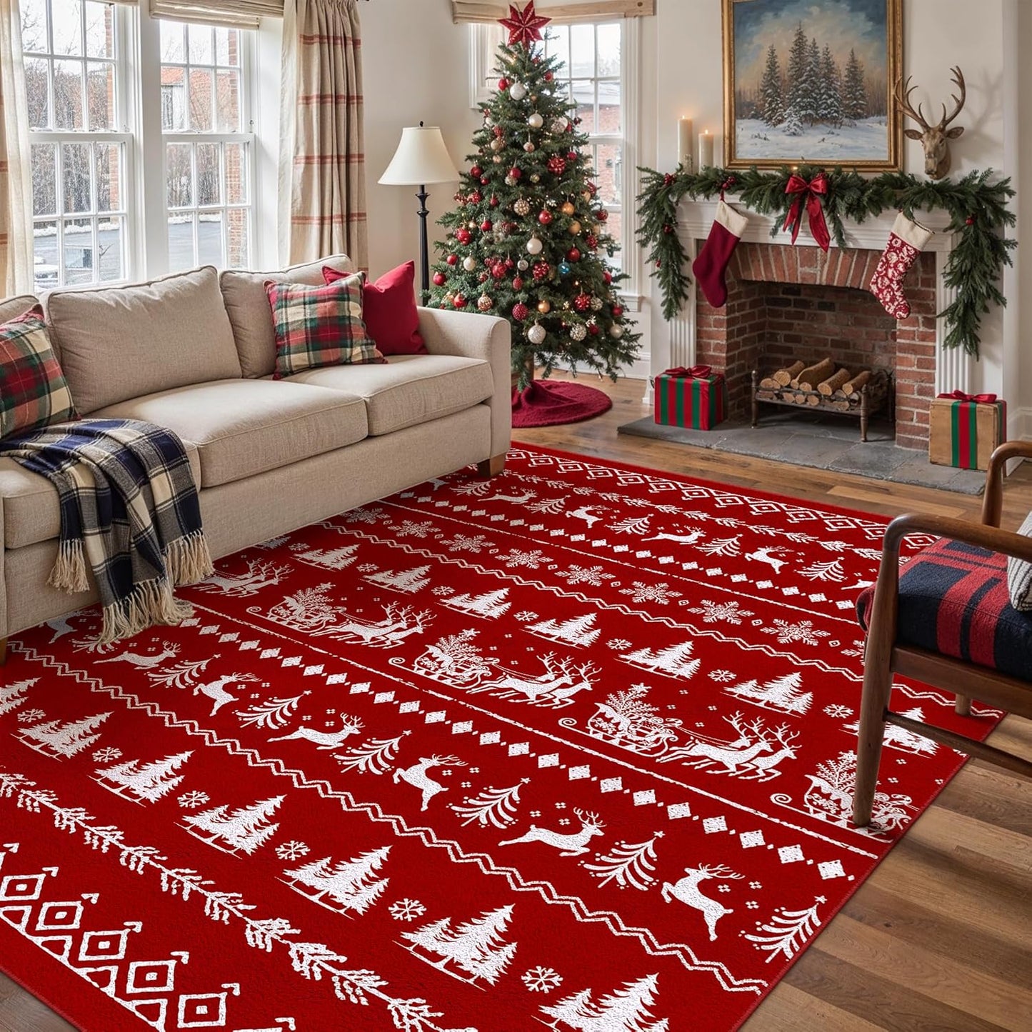 6x9 Christmas Area Rug Red Washable Living Room Carpet Xmas Elk Holiday Decor Indoor Snowflake Bedroom Throw Rug Decorative Non Slip Soft Low Pile Large Carpet Dining Room Office Nursery