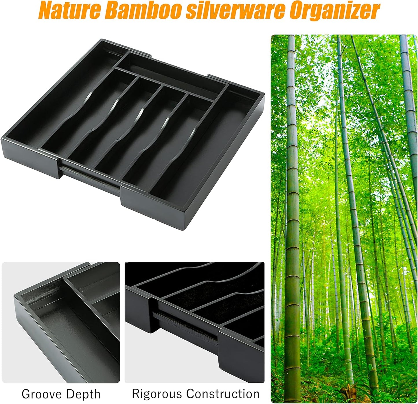 Bellsal Black Silverware Organizer Kitchen Drawer Organizer Expandable Bamboo Utensil Holder Cutlery Tray for Kitchen Utensil and Flatware Bedroom Office