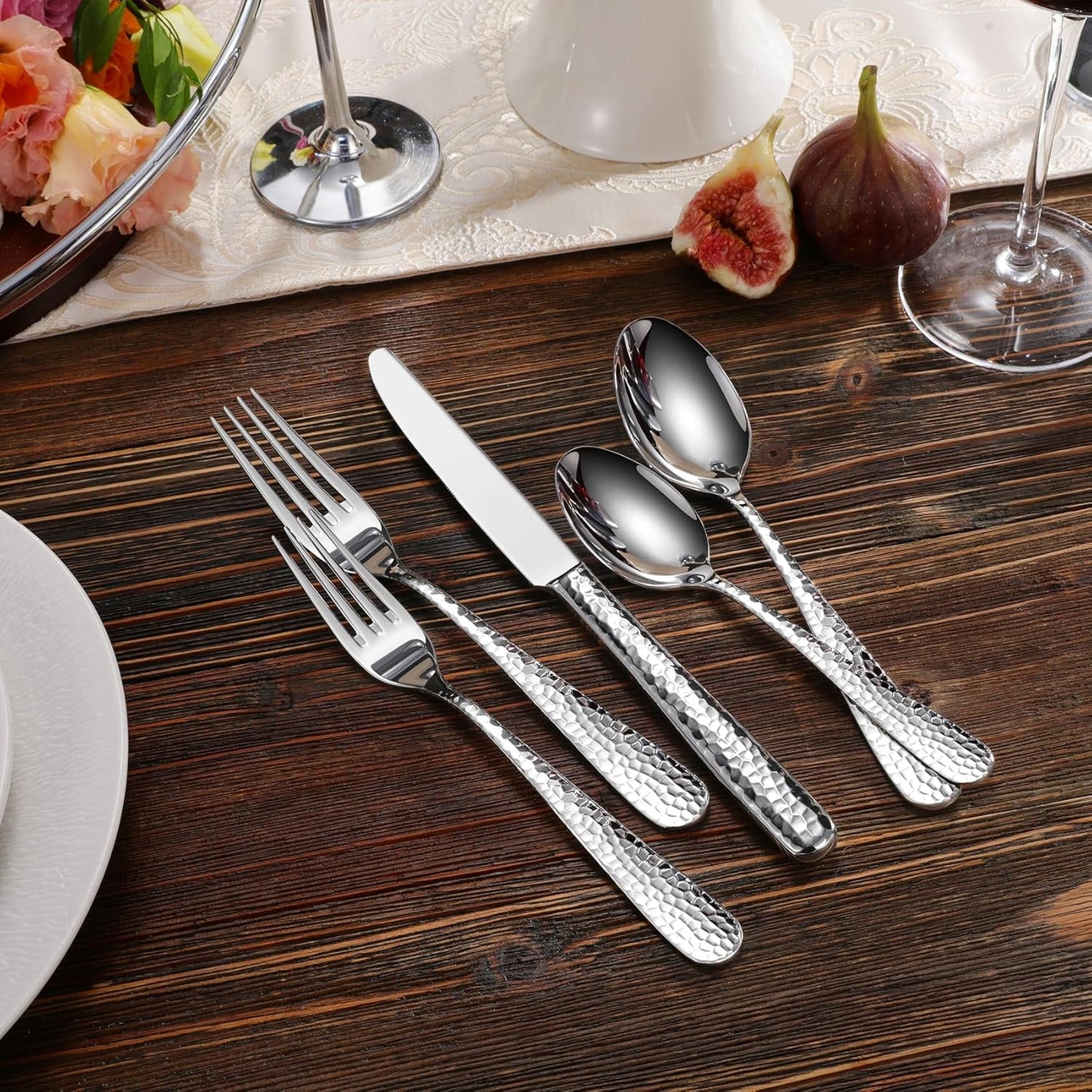 KEAWELL Premium 20/45/65 Piece Louise Hammered Silverware Set with Round Edge, 18/10 Stainless Steel, Service for 4/8/12, Fine Flatware Set, Dishwasher Safe (65)