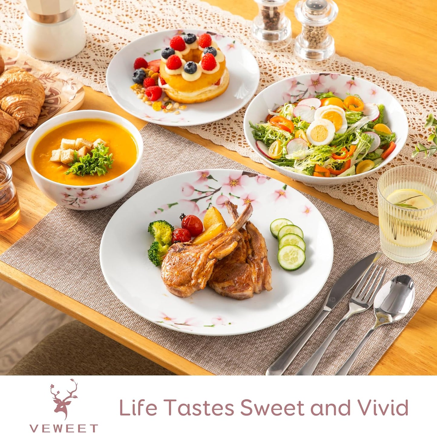 VEWEET Dinnerware Sets for 6, 24 Pieces Porcelain Plates and Bowls Set with Pink Floral, Classic Dishes Set Dining Ware for Dinner, Microwave Dishwasher Safe, Series ANNIE