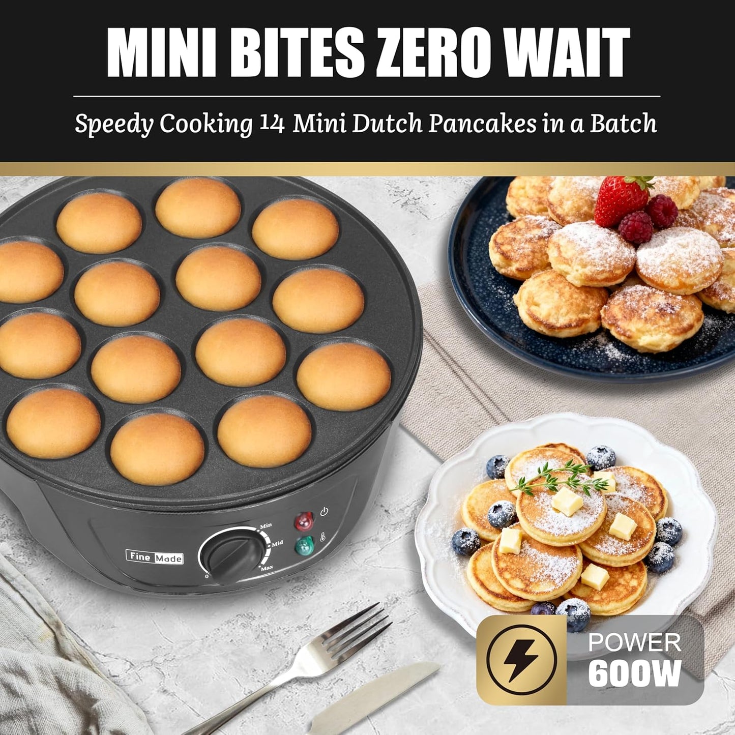 Non Stick Mini Pancakes Maker Machine, Electric Poffertjes Pan with Browning Control, Small Ebelskiver Aebleskiver Pan, Dutch Mini Pancake Maker, with Brush & Forks, 14 Slots, Black