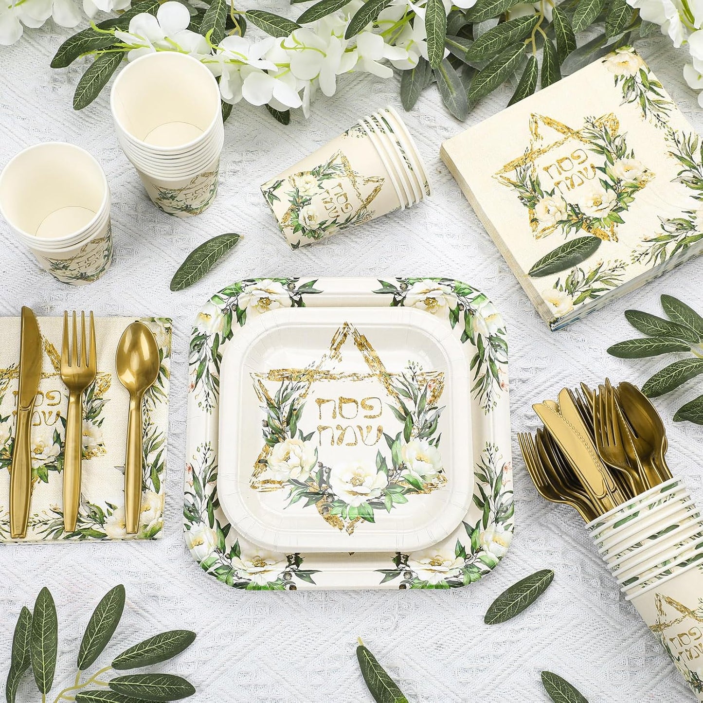 350 Pcs Paper Plates and Napkins Set Disposable Dinnerware Party Supplies Tableware Serve 50 Guest Cups Knife Forks Spoon(Green,Gold,Passover)