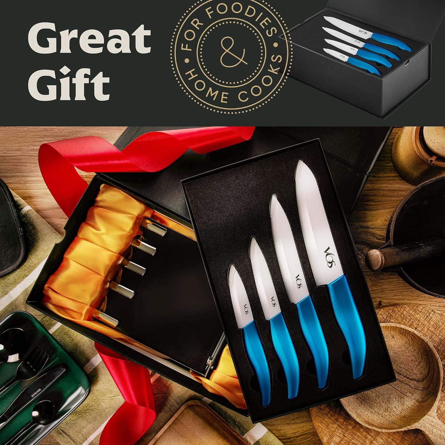 Vos Ceramic Knife Set with Block, Ceramic Knives Set For Kitchen, Ultra Sharp Kitchen Knife Set with Covers, 3" 4" 5" 6" Chef Knife, Utility, Paring & Versatile, Lightweight, Dishwasher safe (Blue)