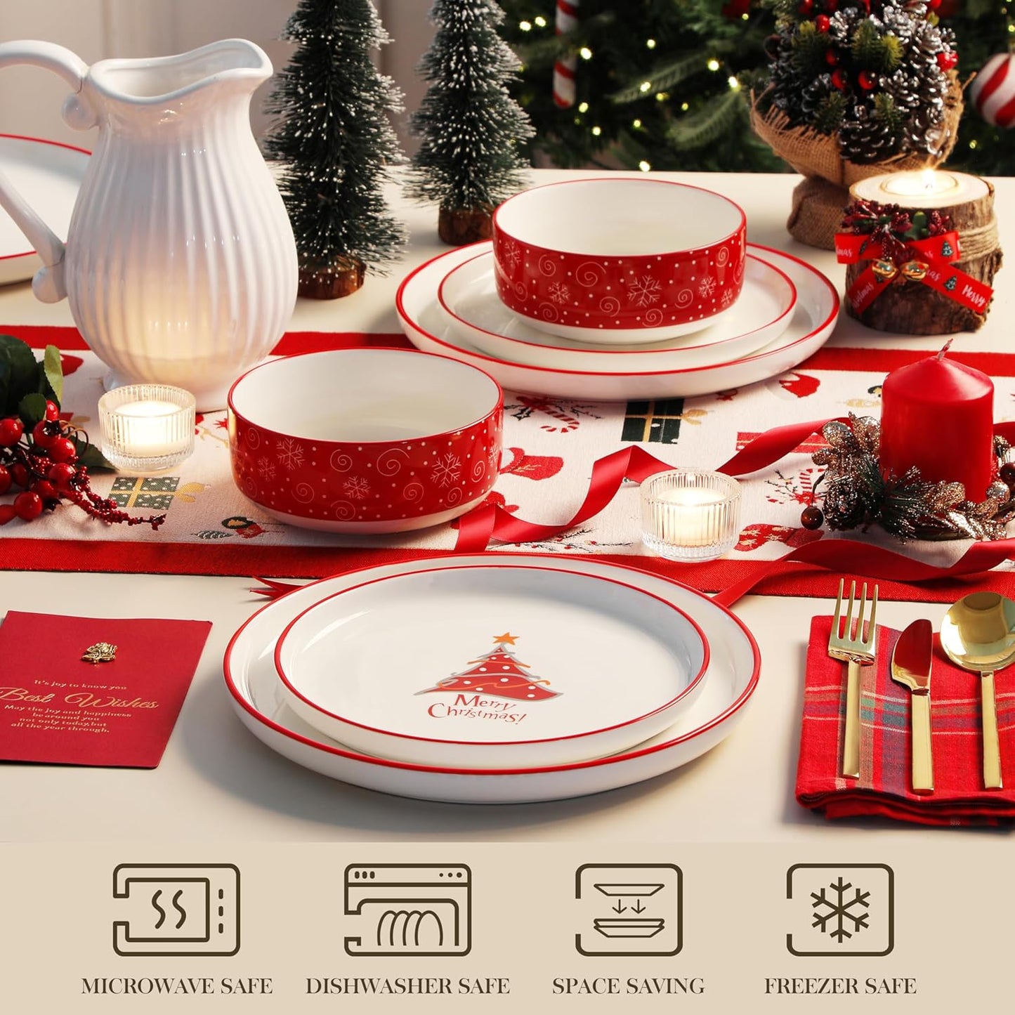 MALACASA Plates and Bowls Sets, 12 Pieces Christmas Porcelain Dinnerware Set for 4, Ceramic Dishware Dishes Kitchen Dining Ware Set, Microwave and Dishwasher Safe, Series LUNA-Christmas Tree