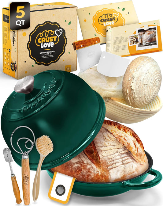 Dutch Oven Bread Baking - 5QT Enamel Bread-Oven - incl Sourdough Bread-Baking Suppliers like Dough Whisk Scoring Lame etc Bread-Dome Cast Iron Bread-Pan with Lid for Sour dough, Bread-makingBottle Green Dome