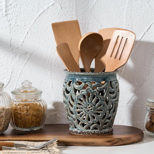 Farmhouse Kitchen Utensil Holder for Kitchen Counter, Ceramic Large Cooking Utensil Crock with Cork Mat, Decorative Rustic Utensil Organizer for Countertop, Spatula, Grayish Blue