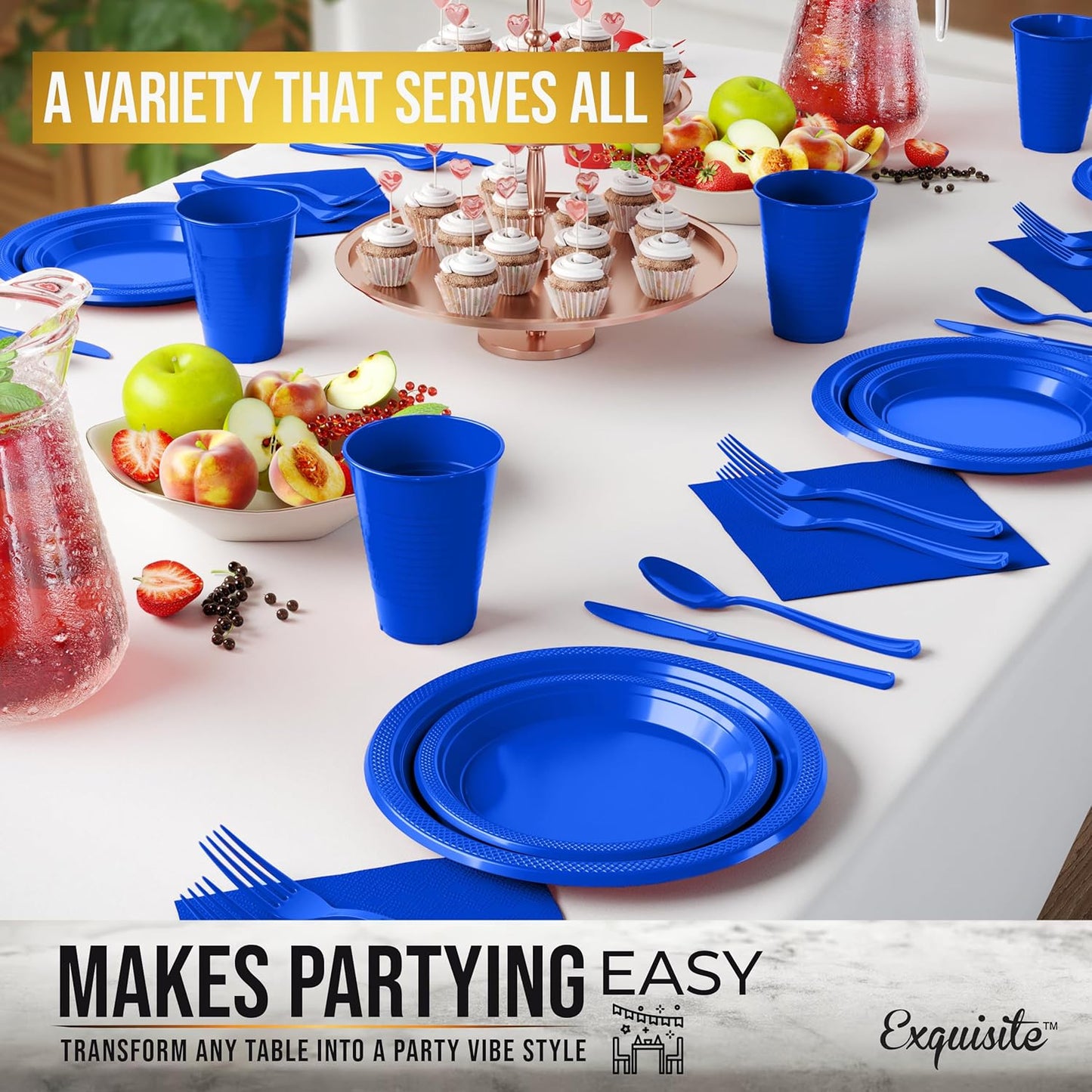 Party Solids 350 Pieces Dark Blue Plastic Plates For Party, Dark Blue Disposable Plates Set, 50 Of Each 9" Dinner Plate Set, 7" Dessert Plate, Cups, Napkins & Cutlery Plastic Dinnerware
