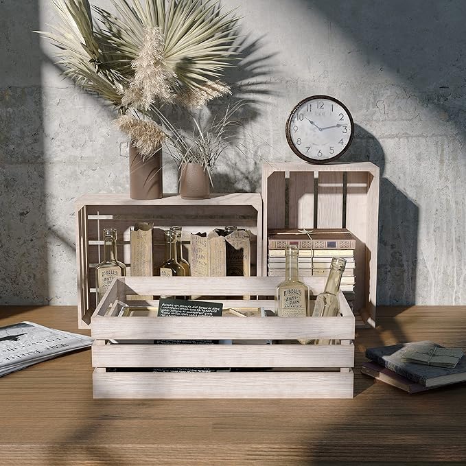 Farmhouse Wood Nesting Storage Crates with Handles, Decorative Tabletop Container Boxes, Bathroom Living Room Kitchen Organizer, Gift, Set of 3, Rustic Nature