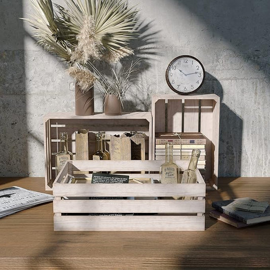 Farmhouse Wood Nesting Storage Crates with Handles, Decorative Tabletop Container Boxes, Bathroom Living Room Kitchen Organizer, Gift, Set of 3, Rustic Nature