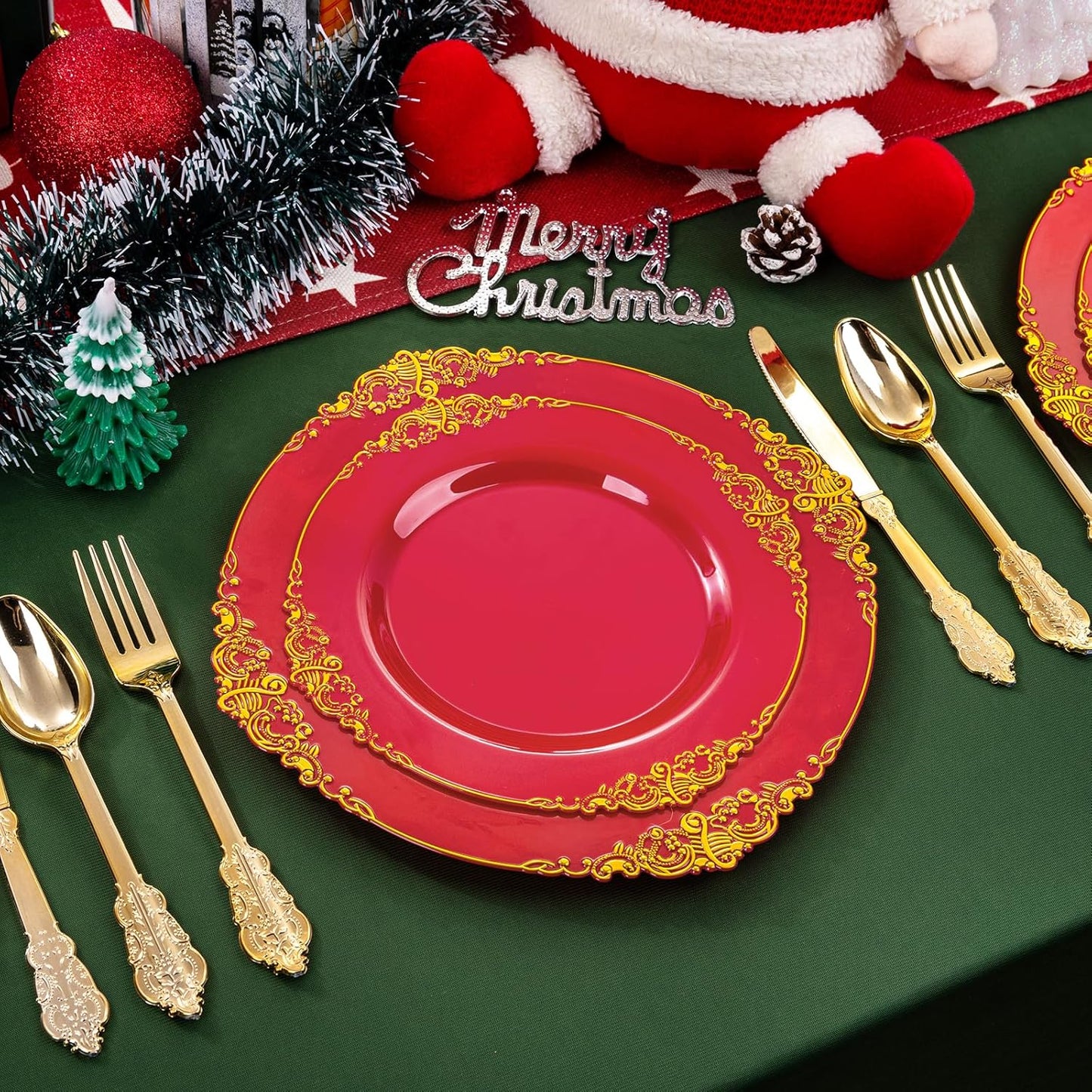 102PCS Red and Gold Plastic Plates - Red Plates Disposable - Vintage Plastic Plate with Gold Rim Include 51PCS Dessert & 51PCS Dinner Plate Perfect for & Weddings & Christmas Parties