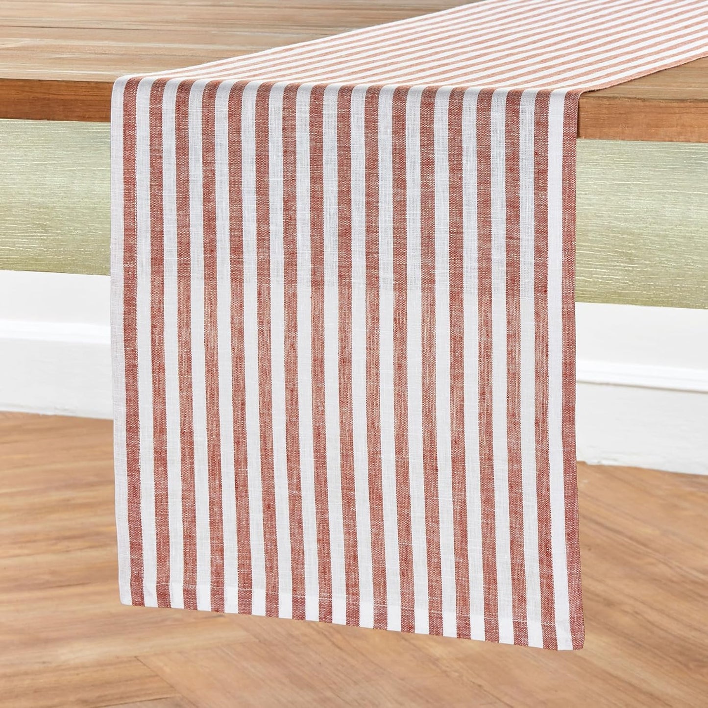 Solino Home Linen Table Runner 60 Inches - Amalfi Stripe 100% Pure Linen Cinnamon and White Farmhouse Table Runner 14 x 60 Inch Ideal for Dresser and Coffee Tables - Fall, Halloween, Thanksgiving