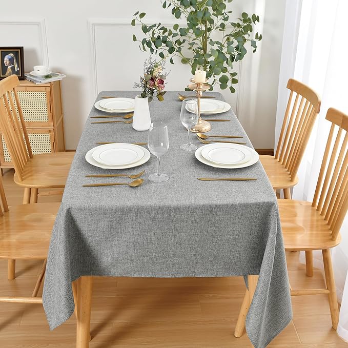JIUZHEN Rectangle Table Cloth Faux Linen Farmhouse Tablecloth Wrinkle and Stain Resistant Decorative Fabric Table Cover for Kitchen, Dining Room, Parties and Camping, Grey, 52 x 70 Inch