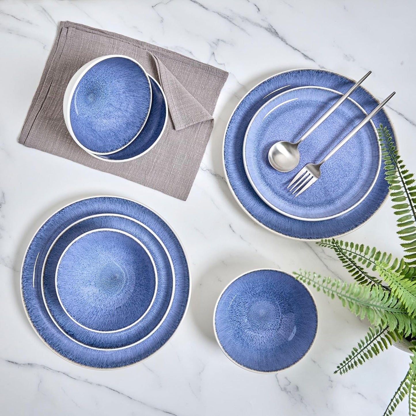 Sango 12-Piece Stoneware Dinnerware Set for 4, Light Blue Reactive Glaze on White Plates and Bowls Sets, Kitchen Ceramic Dish Set, Modern Dishes for Everyday Dining, Microwave & Dishwasher Safe, Cove