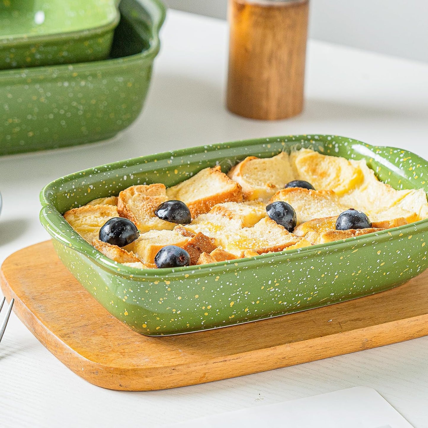 Ceramic Baking Dishes for Oven,Heavy Duty Bakeware Dish Set of 3, Rectangular Casserole,Lasagna Pan Deep,High Heat Resistant,Glazed Handcraft Speckle Series (13.8''/12''/9.6''Green)