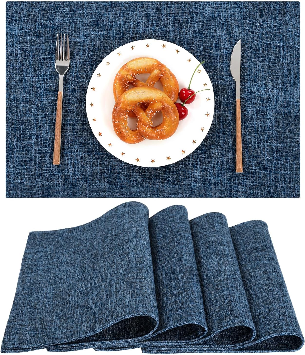 SHACOS Cloth Fabric Placemats Set of 4 Washable Non Slip Heat Resistant Table Mats Double Layer Reversible Place Mats Stain Resistant Indoor Outdoor, Dark Blue