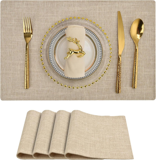 SLKQG Linen-Look Fabric Placemats Set of 4, Heat Resistant & Machine Washable Double-Layered Cloth Placemats for Dining Table, Indoor/Outdoor Use, Non-Slip Kitchen Table Mats (4, Beige Cream)