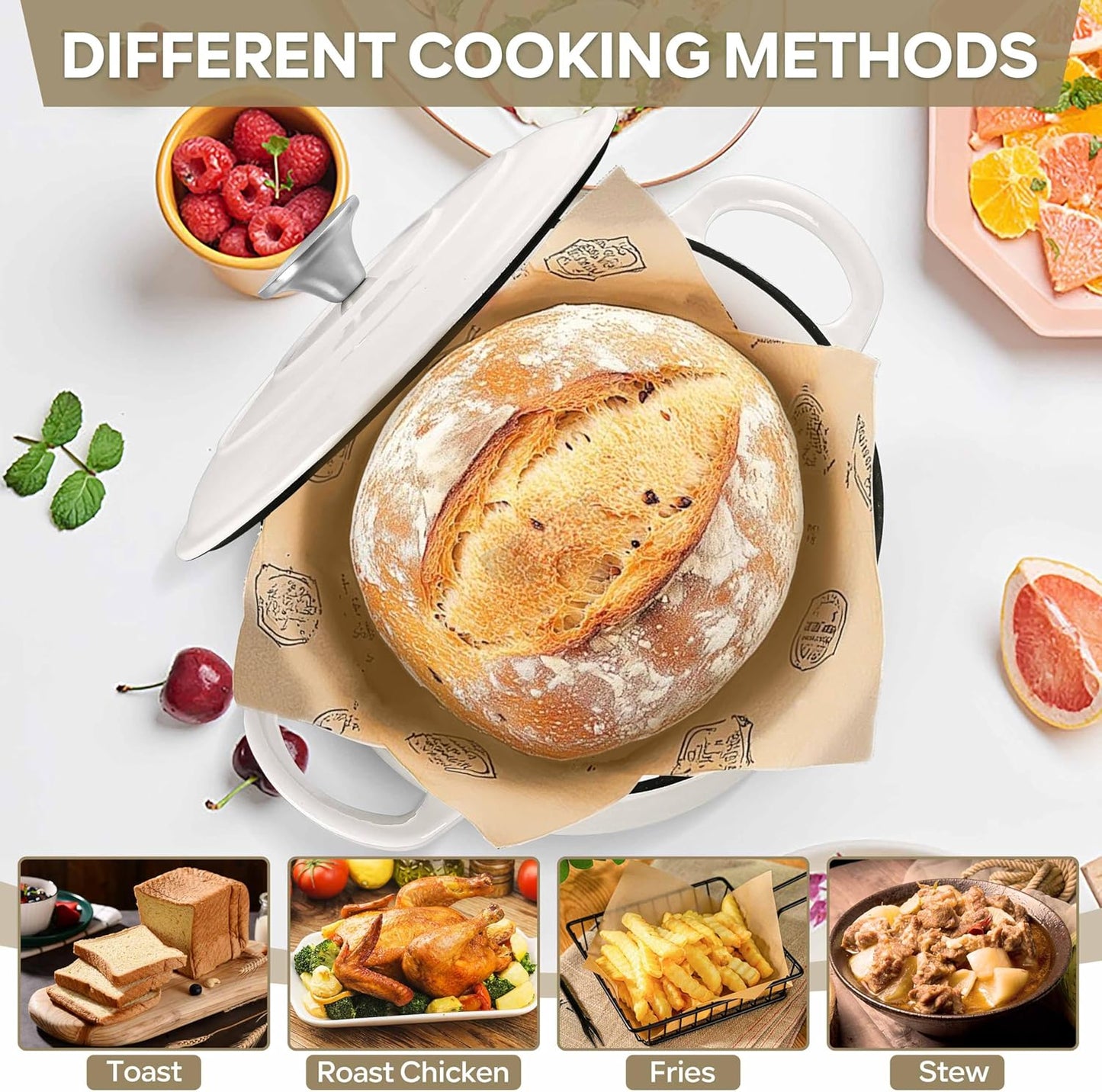 Herogo 3QT Enameled Cast Iron Dutch Oven with Lid, Heavy Duty Round Dutch Oven Pot with Dual Handles for Bread Baking Stewing Roasting, Safe for Various Stovetops, Nonstick & Easy Cleanup - White