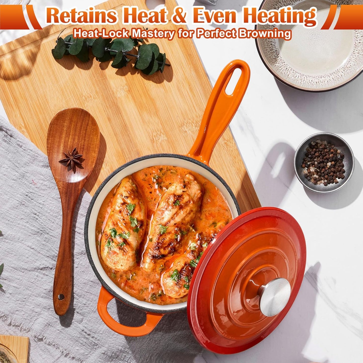 E-far Sauce Pan Set with Lid, 1Qt & 2Qt Enameled Cast Iron Pot Sets for Kitchen Cooking, Small Heavy Duty Dutch Oven Saucepans & Self-basting Lids, Induction-Ready & Easy Clean, Orange