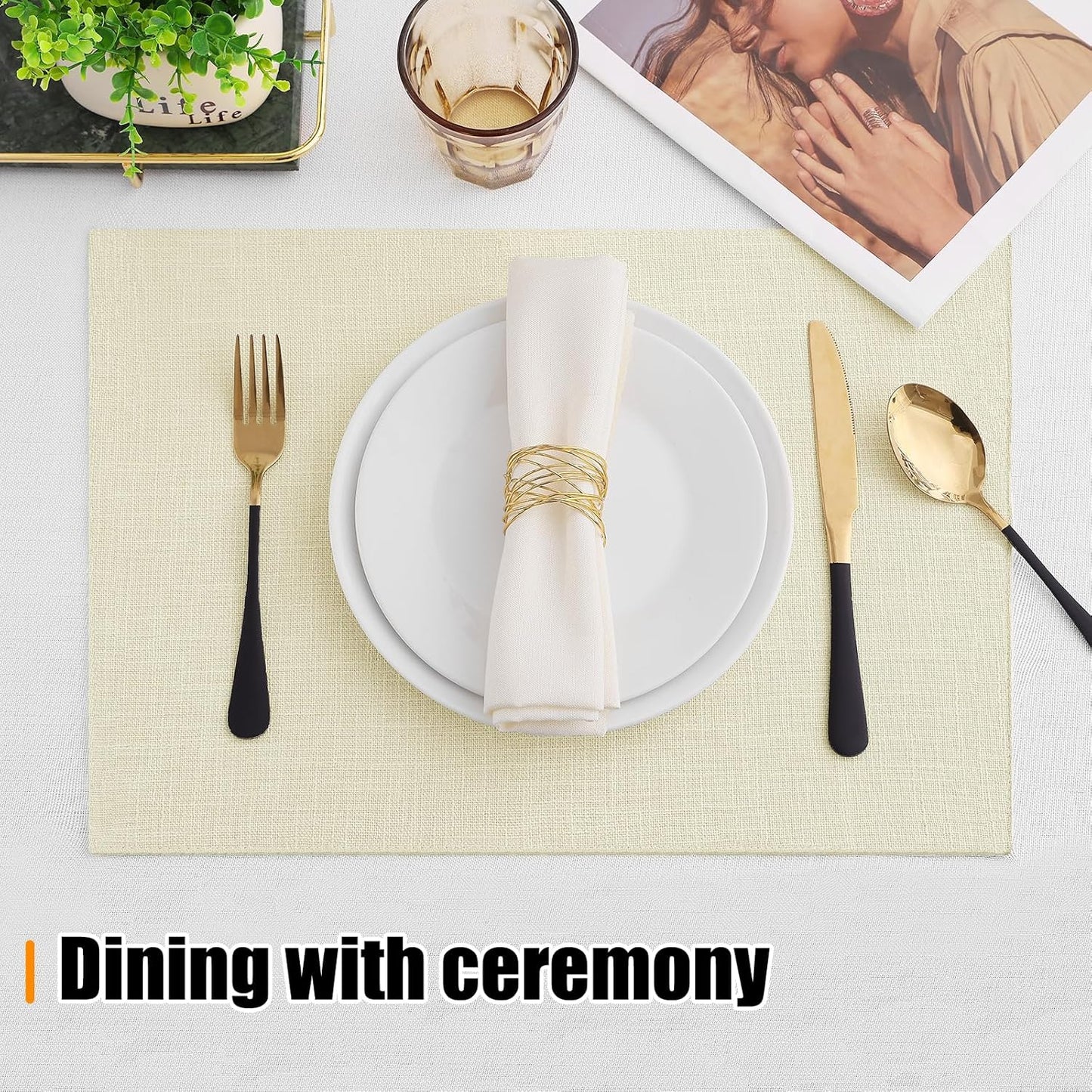 Homaxy Cloths Placemats for Dining Table Set of 6, Heat Resistant Washable Cotton Linen Blend Table Mats, Easy to Clean Place Mats for Indoor Outdoor Party Kitchen Decoration, 13" x 19", Cream