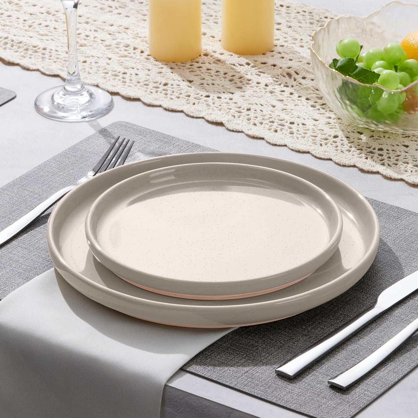 LIANYU Stoneware Dinner Plates Set of 4, 10.5 Inch Porcelain Kitchen Plates, High Edge Flat Dishes Set for Steak, Salad, Dessert, Microwave & Dishwasher & Oven Safe, Scratch Resistant, Milky Brown