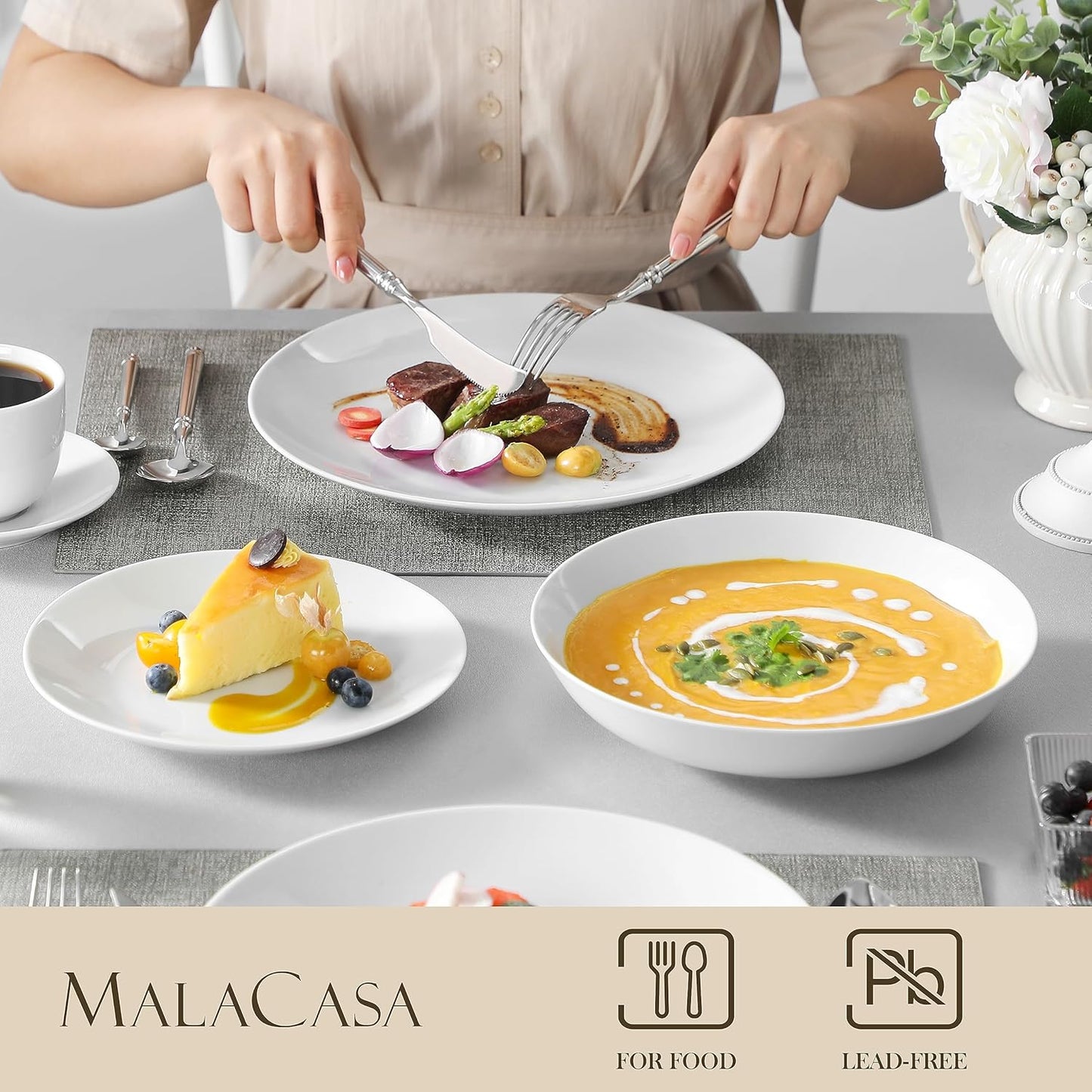 MALACASA 30-Piece Gourmet Porcelain Dinnerware Sets, Modern White Round Dish Set for 6 - Premium Serving Plates and Bowls Sets for Dessert, Salad, Soup, Pasta - Series AMELIA