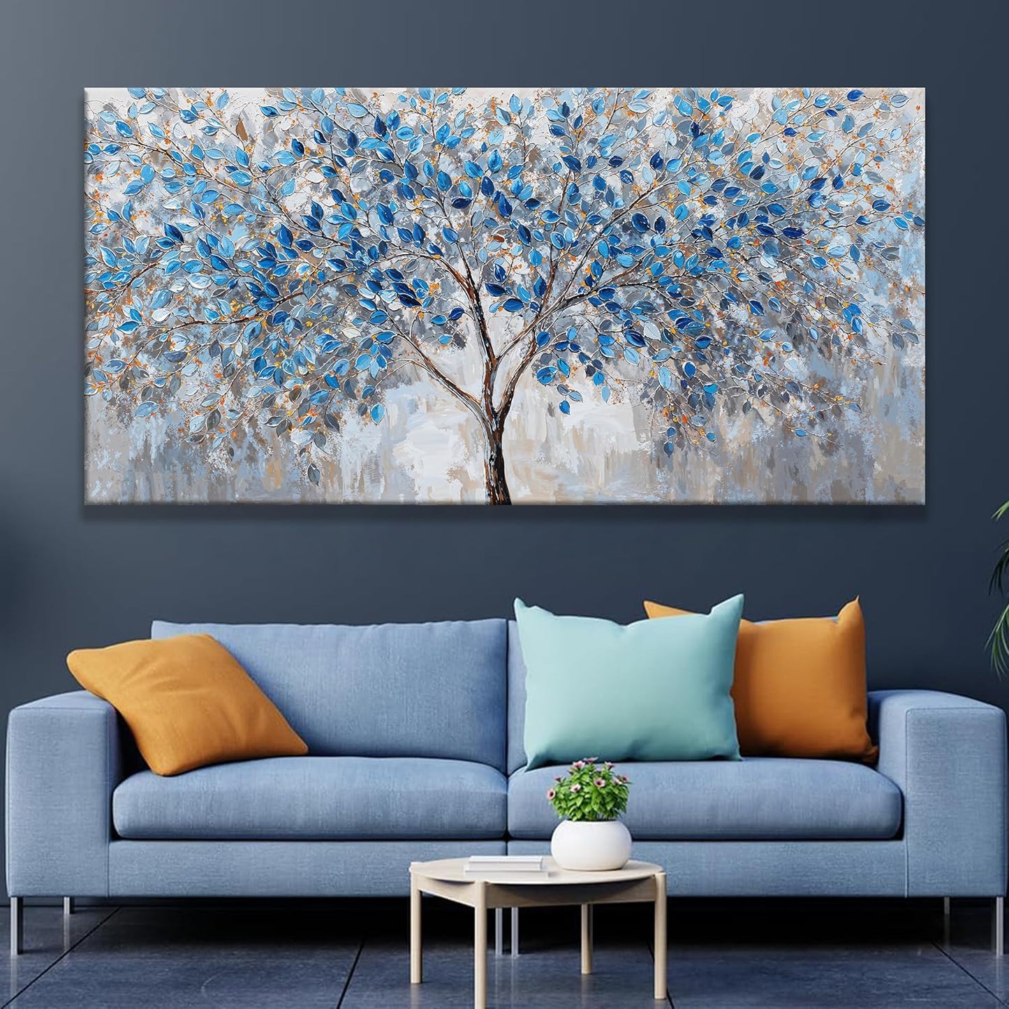 Large Wall Art For Living Room Blue White Tree Leaves Artwork Decor Modern Wall Art For Office Bedroom Kitchen Canvas Prints Decor Ready To Hang 29x58 Inch