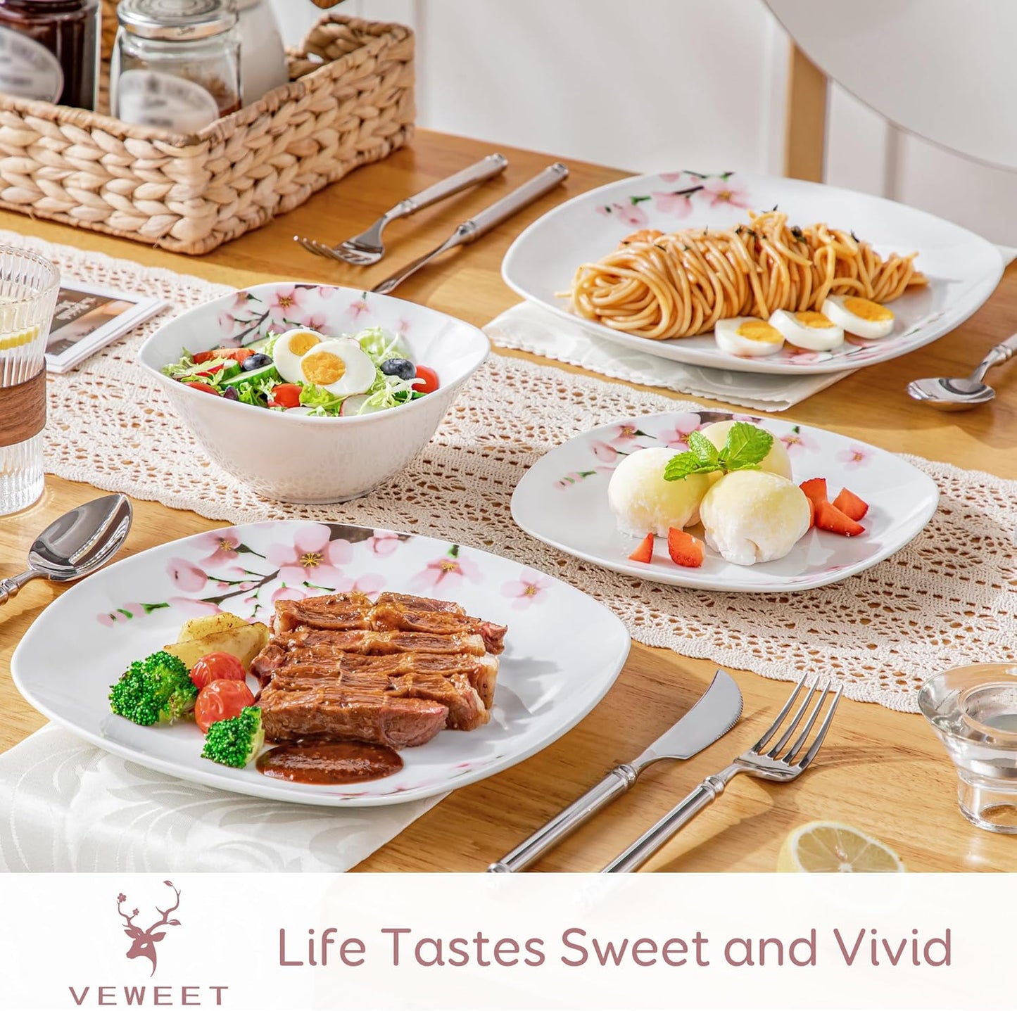 VEWEET Porcelain Dinnerware Set with Pink Floral, 12 PCS Including Dinner Plates, Dessert Plates and Cereal Bowls, Series Annie