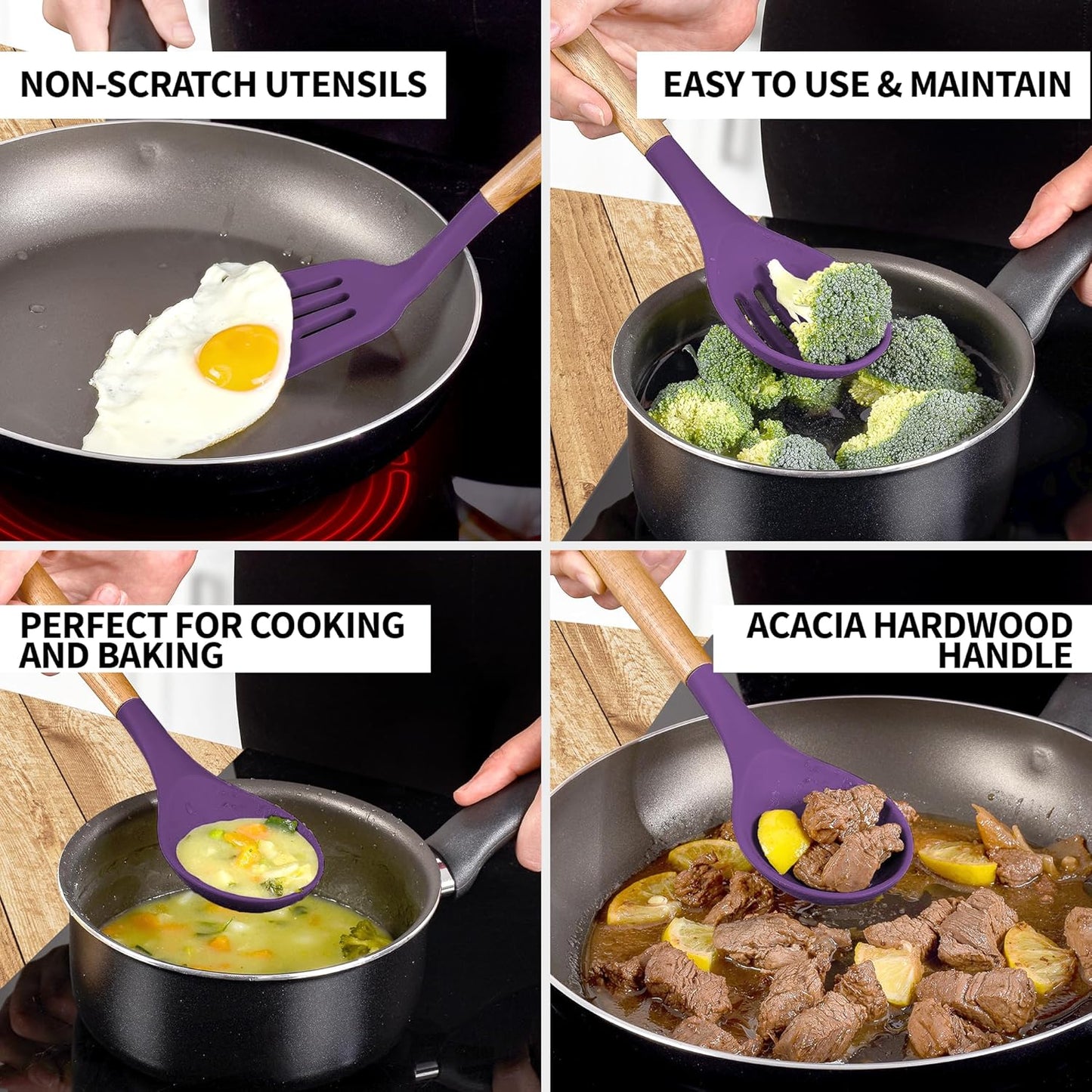 Zulay Kitchen Non-Stick Cooking Utensils Set with Authentic Acacia Wood Handles – 5-Piece Durable & Stylish Silicone Kitchen Utensils Set – Heat Resistant to 464°F – Purple