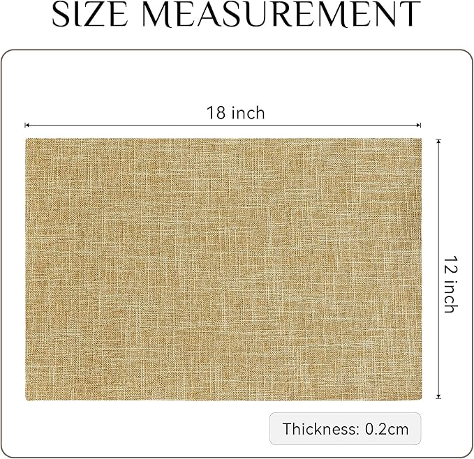Softalker Faux Linen Placemats Set of 4-12 x 18 Inch, Heat Resistant Double Layered Durable Burlap Farmhouse Place Mats, Non-Slip Washable Rustic Table Mats for Dining, Kitchen, Party（Khaki
