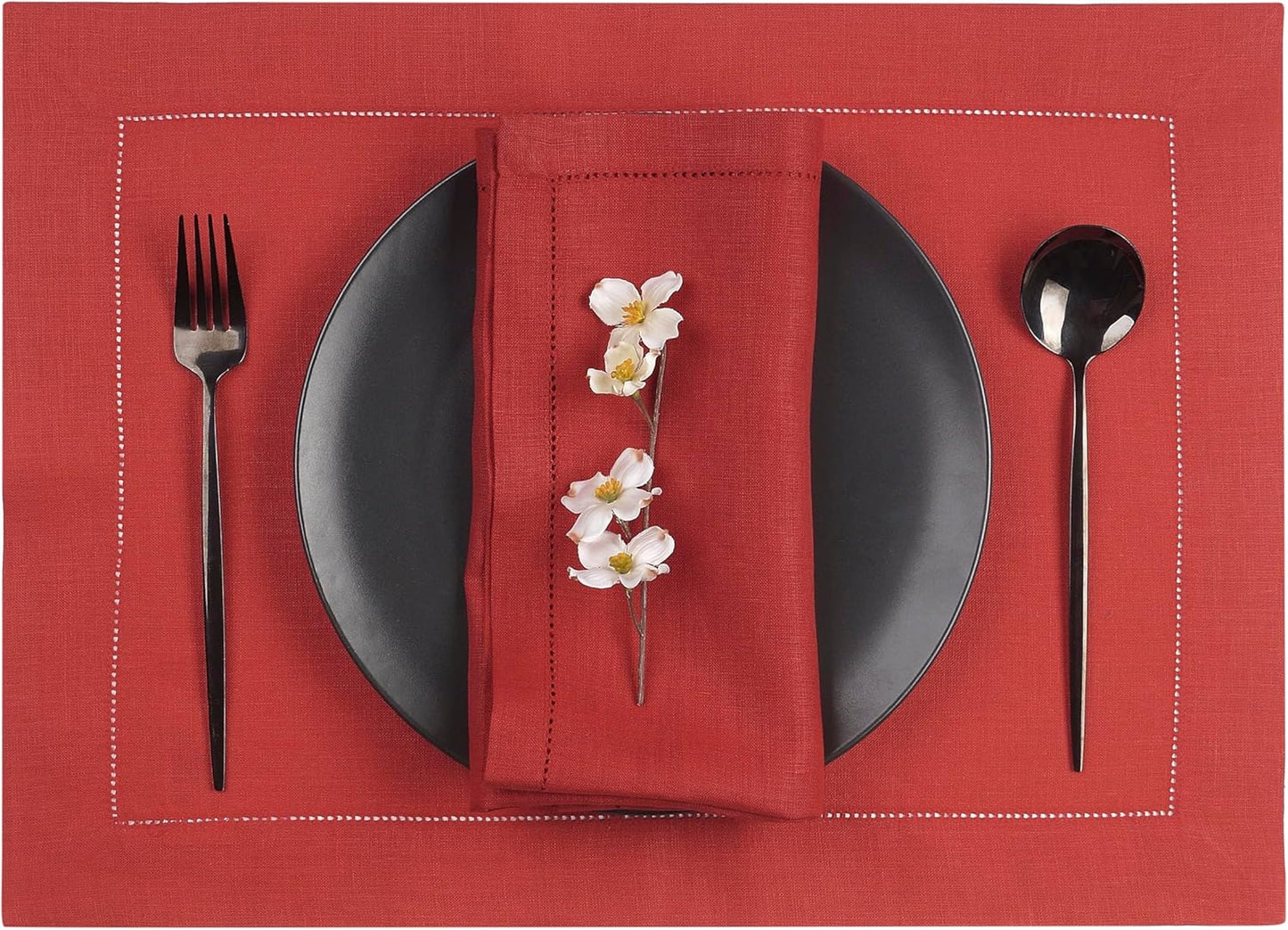 D'Moksha Homes Linen Placemats Set of 8 - Classic Hemstitch Bright Red Placemats 14 x 19 Inch - 100% Pure Linen Table Mats for Fall, Autumn and Halloween - Handcrafted and Machine Washable