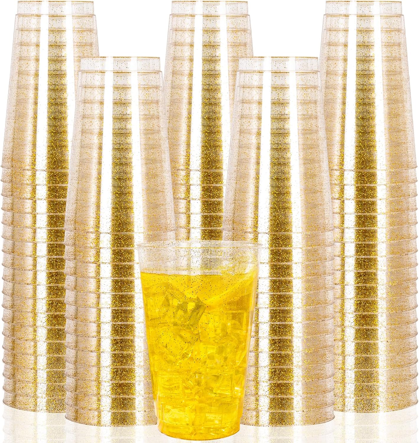 I00000 100 Pack 14 oz Gold Plastic Cups, Disposable Tumblers Gold Glitter Plastic Cups, Disposable Wine Glasses Cocktail Glasses Perfect for Wedding, Mother's Day, Thanksgiving, Christmas Parties