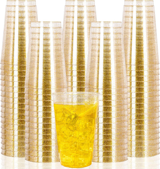 I00000 100 Pack 14 oz Gold Plastic Cups, Disposable Tumblers Gold Glitter Plastic Cups, Disposable Wine Glasses Cocktail Glasses Perfect for Wedding, Mother's Day, Thanksgiving, Christmas Parties