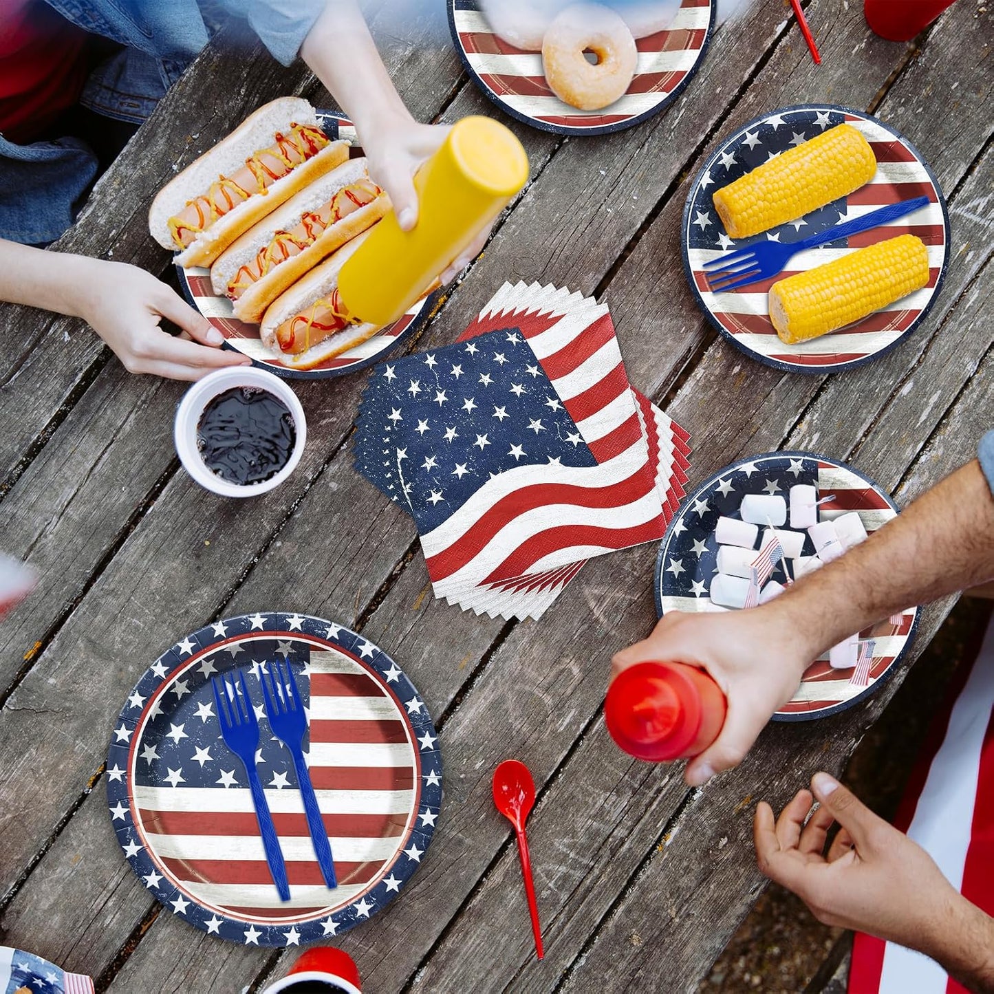 96 Pieces Patriotic Tableware Set – Vintage American Flag Disposable Dinnerware with Paper Plates, Napkins, Cups, Forks for Fourth of July, Memorial Day, Veterans Day Celebrations, Serves 24 Guests