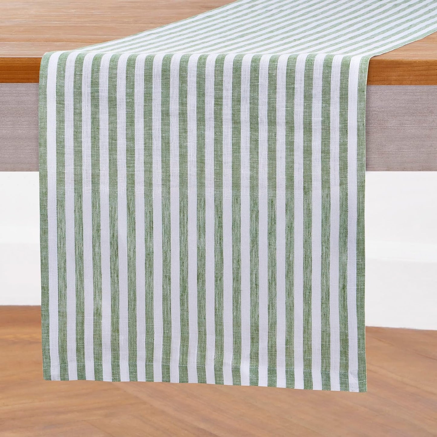 Solino Home Linen Table Runner 90 Inches Long - Amalfi Stripe, 100% Pure Linen Green and White Table Runner 14 x 90 Inch for Dining, Fall, Autumn, Christmas