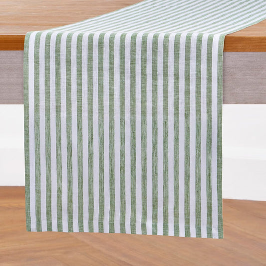 Solino Home Striped Linen Table Runner 36 Inches - Amalfi Stripe, 100% Pure Linen Green and White Small Table Runner 14 x 36 Inch Ideal for Dresser and Coffee Tables - Fall, Halloween, Christmas