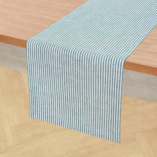 Solino Home Linen Striped Table Runner 60 Inches - Narrow Stripe, 100% Pure Linen Rainforest and White Small Table Runner 14 x 60 Inch Ideal for Dresser and Coffee Tables - Christmas