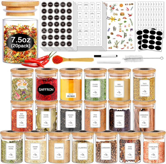 SLifeJars-Spice Jars with Label, 7.5 oz 20pcs Spice Containers Glass Jars with Bamboo Lids, Seasoning Containers Bottles,Airtight Empty Spice Jars for Spice Rack, Drawer,Cabinet,Pantry