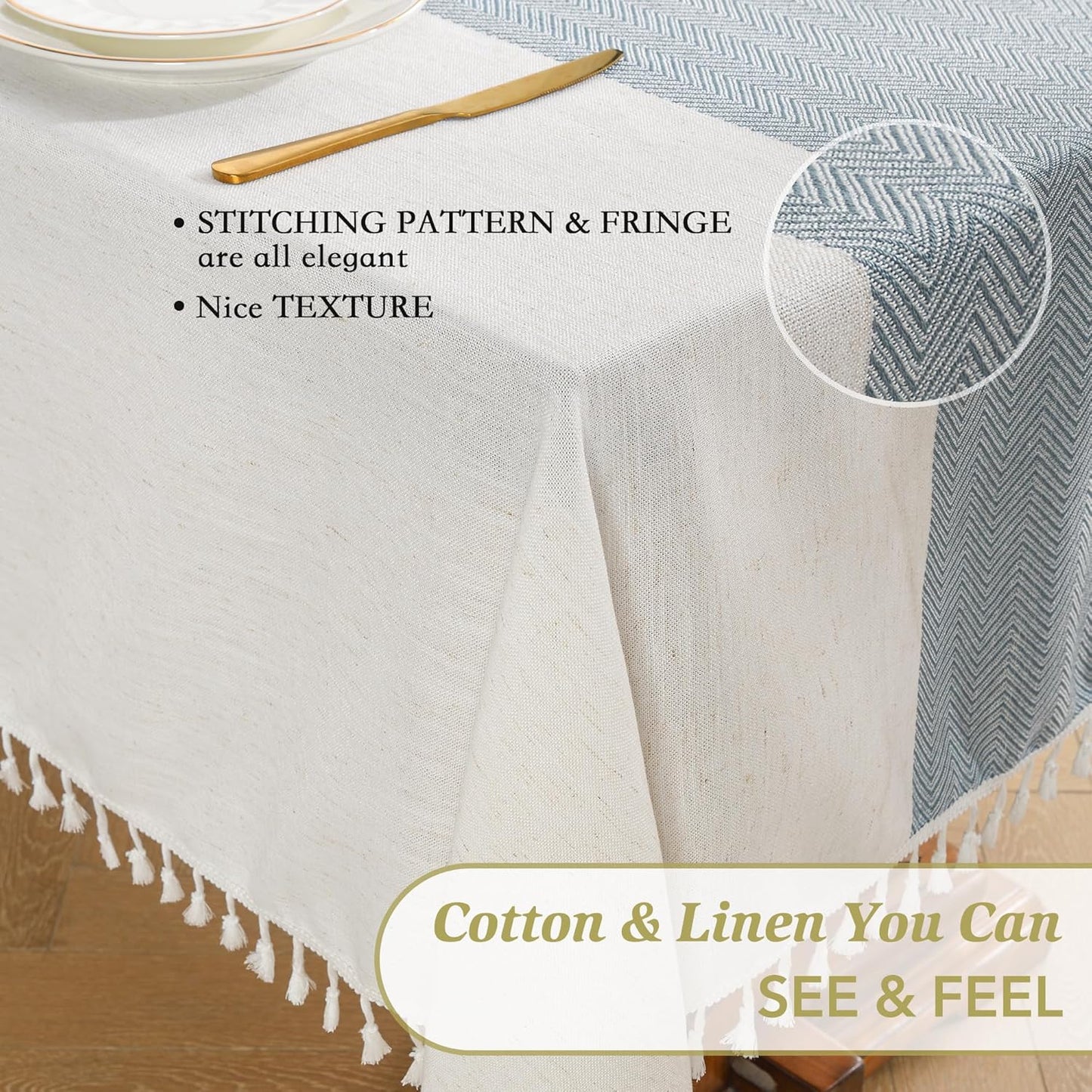 Oubonun Cotton Linen Rectangular Tablecloth - Wrinkle Resistant & Waterproof - Machine Washable Table Cloth with Tassels for Kitchen & Dining, 55''x86'', 6-8 Seats