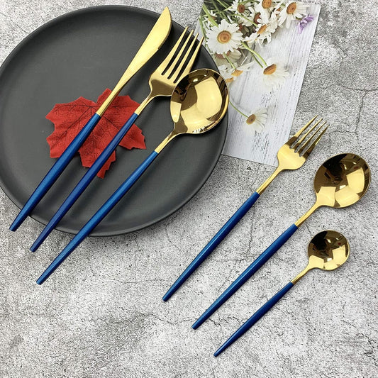 JASHII 18/10 Silver Silverware Set Stainless Steel Flatware Utensils Set Gold Cutlery Set| 24-Piece Modern Cubiertos Dorados| BEST Birthday Wedding Gift (4 sets, Blue Handle Gold Mirror Polish)