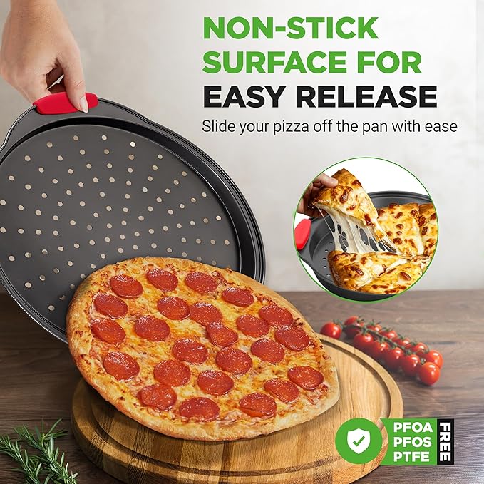 NutriChef 2-Piece 13-Inch Nonstick Pizza Tray, Round Carbon Steel Non-Stick Pizza Pan with Perforated Holes, Premium Bakeware Pizza Screen with Silicone Grip Handles, Dishwasher Safe, NCBPIZX2