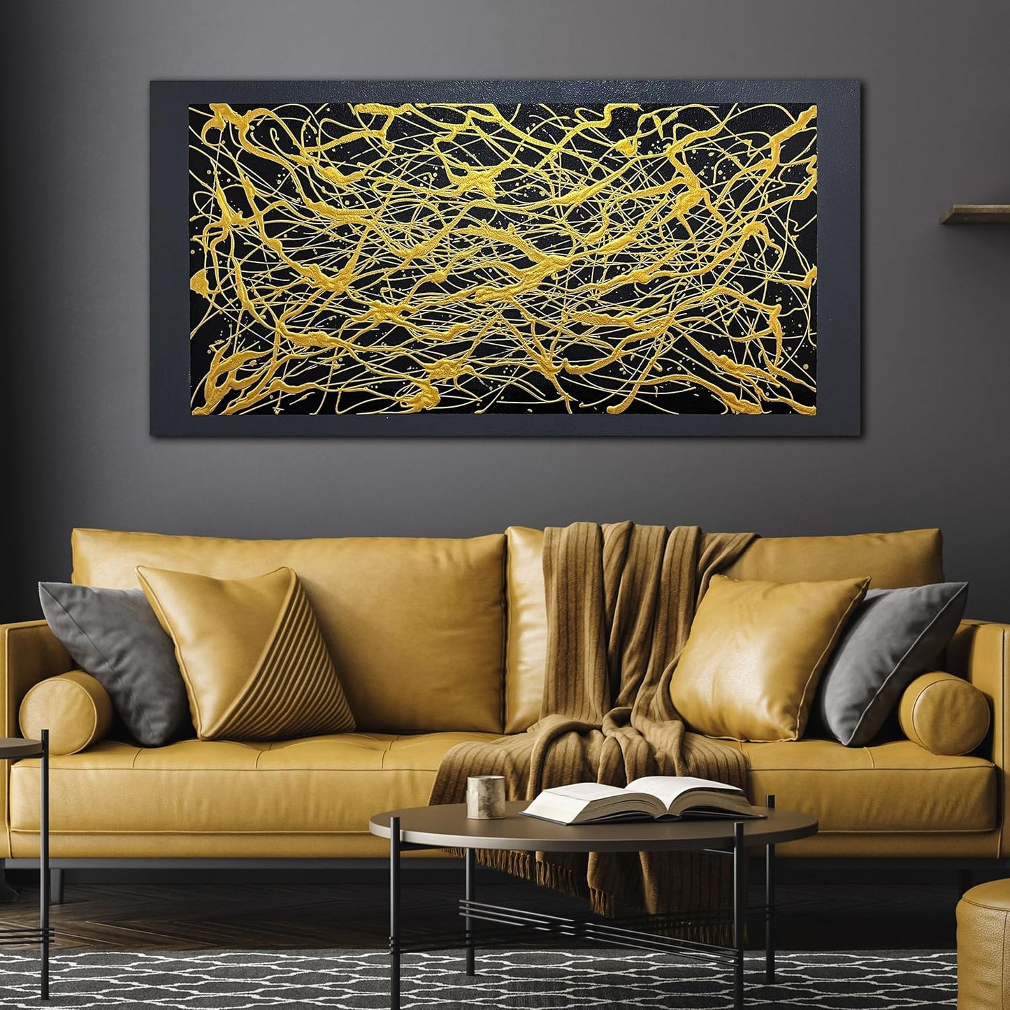 Abstract Canvas Hand Painted Wall Art for Living Room - Black and Gold Painting Wall Art for Office - Modern Wall Decor for Bedroom Size 20" x 40"
