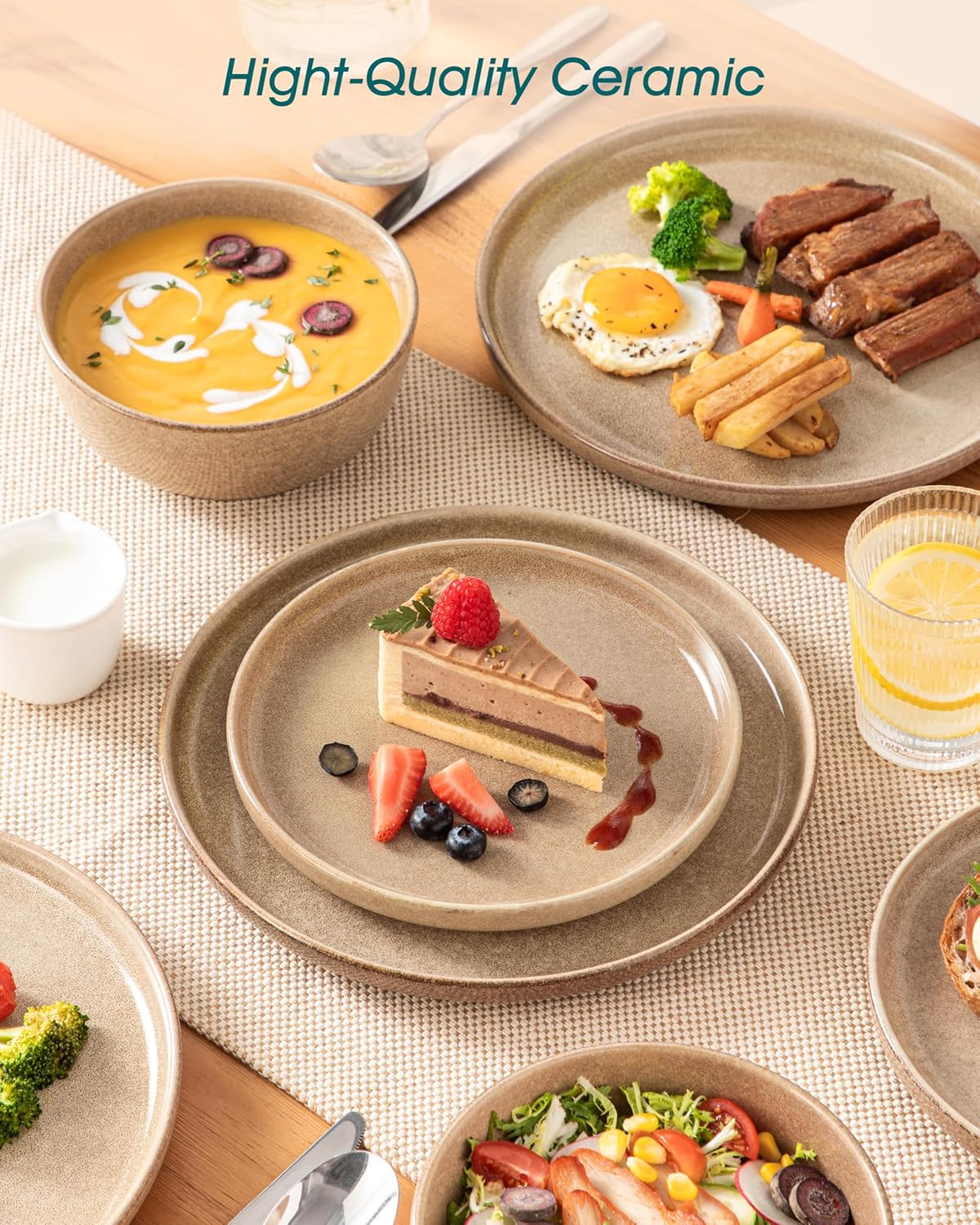 vancasso ANYA 18 Pieces Plates and Bowls Set, Caramel Dinnerware Sets, Reactive Glaze Dishes Set for 6, Ceramic Dishware Sets Kitchen Dinner Set, Microwave & Dishwasher Safe