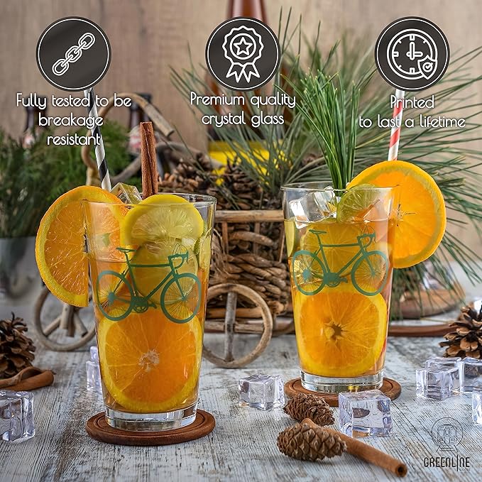 Greenline Goods - Bicycle Beer Glasses (Set of 2) |16 oz Drinkware with Colorful Cyclist Designs | Premium Decorative Glassware | Unique Gifts for Cyclists & Bike Riders [Green]